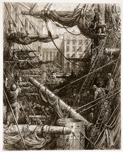 Inside the Docks, teoksesta "London, a Pilgrimage", kirjoittanut William Blanchard Jerrold (1826-84) ja kaivertanut Charles Maurand (s.1822) pub. 1872 tekijältä Gustave Dore